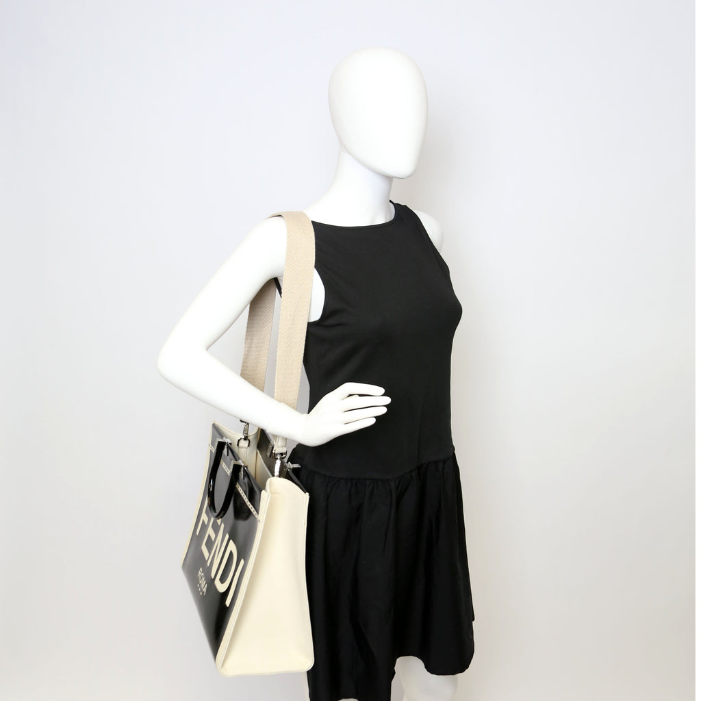 Fendi Sunshine Shopper Medium Patent Vinyl Canvas Black/White