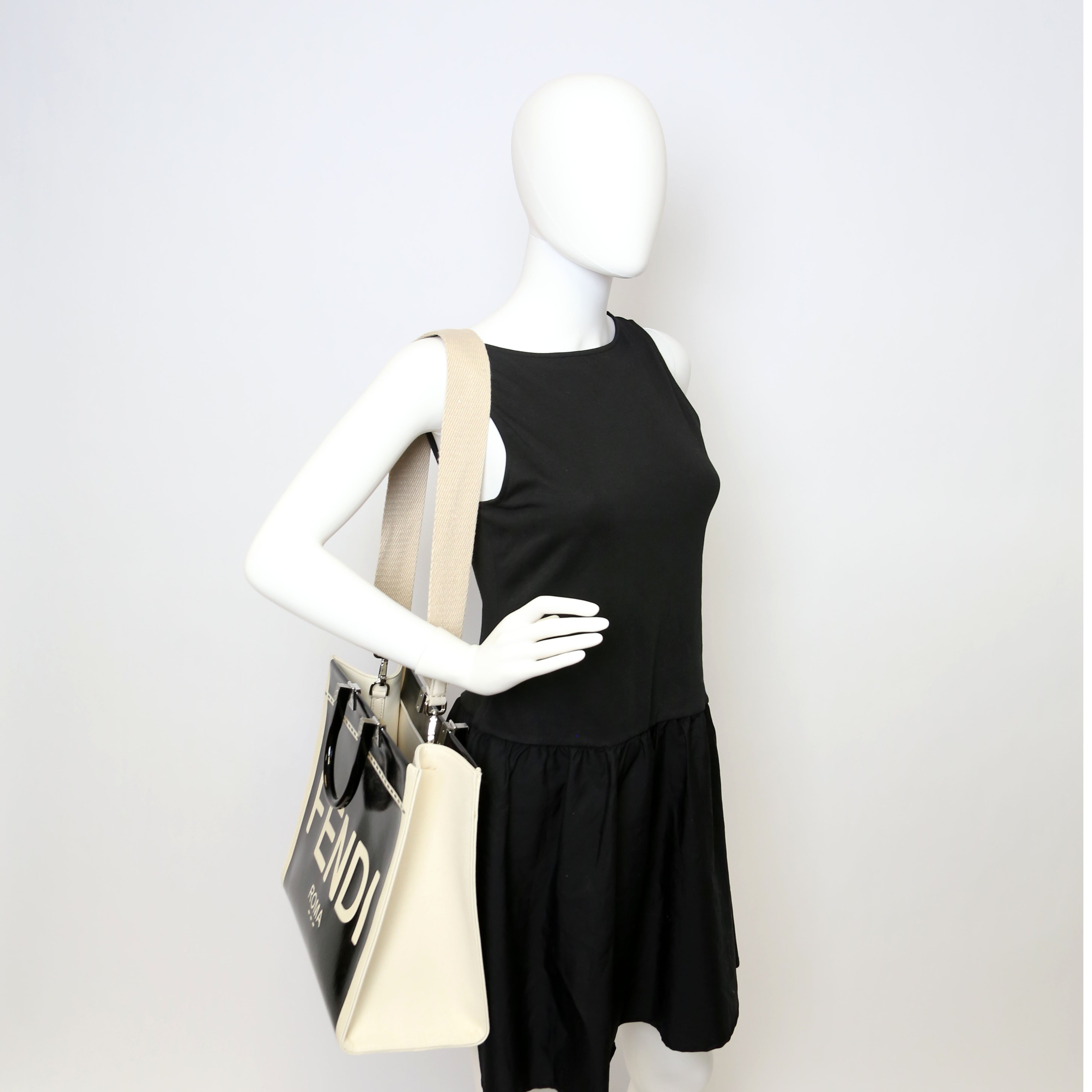 Fendi Sunshine Shopper Medium Patent Vinyl Canvas Black/White