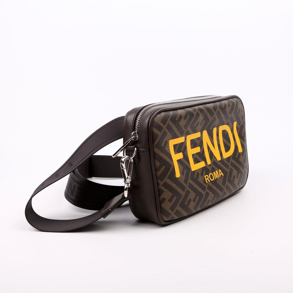 Fendi 7M0286 Zucca Roma Logo/Leather Camera Case Brown