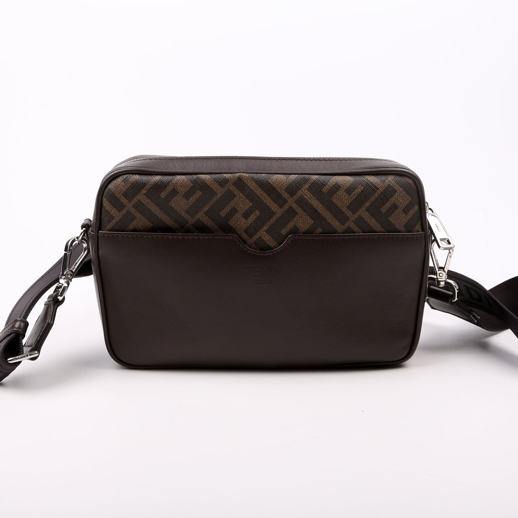 Fendi 7M0286 Zucca Roma Logo/Leather Camera Case Brown
