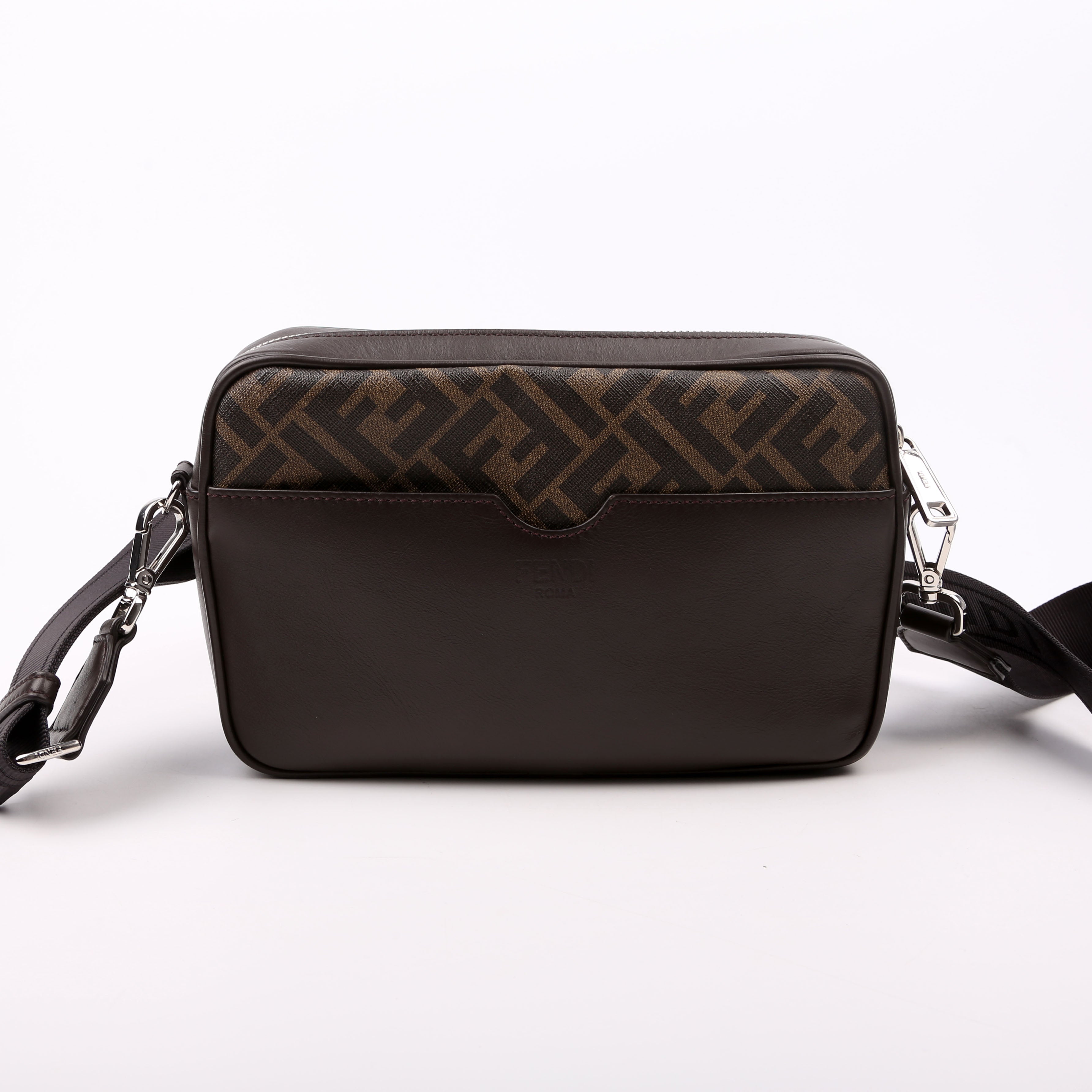 Fendi 7M0286 Zucca Roma Logo/Leather Camera Case Brown