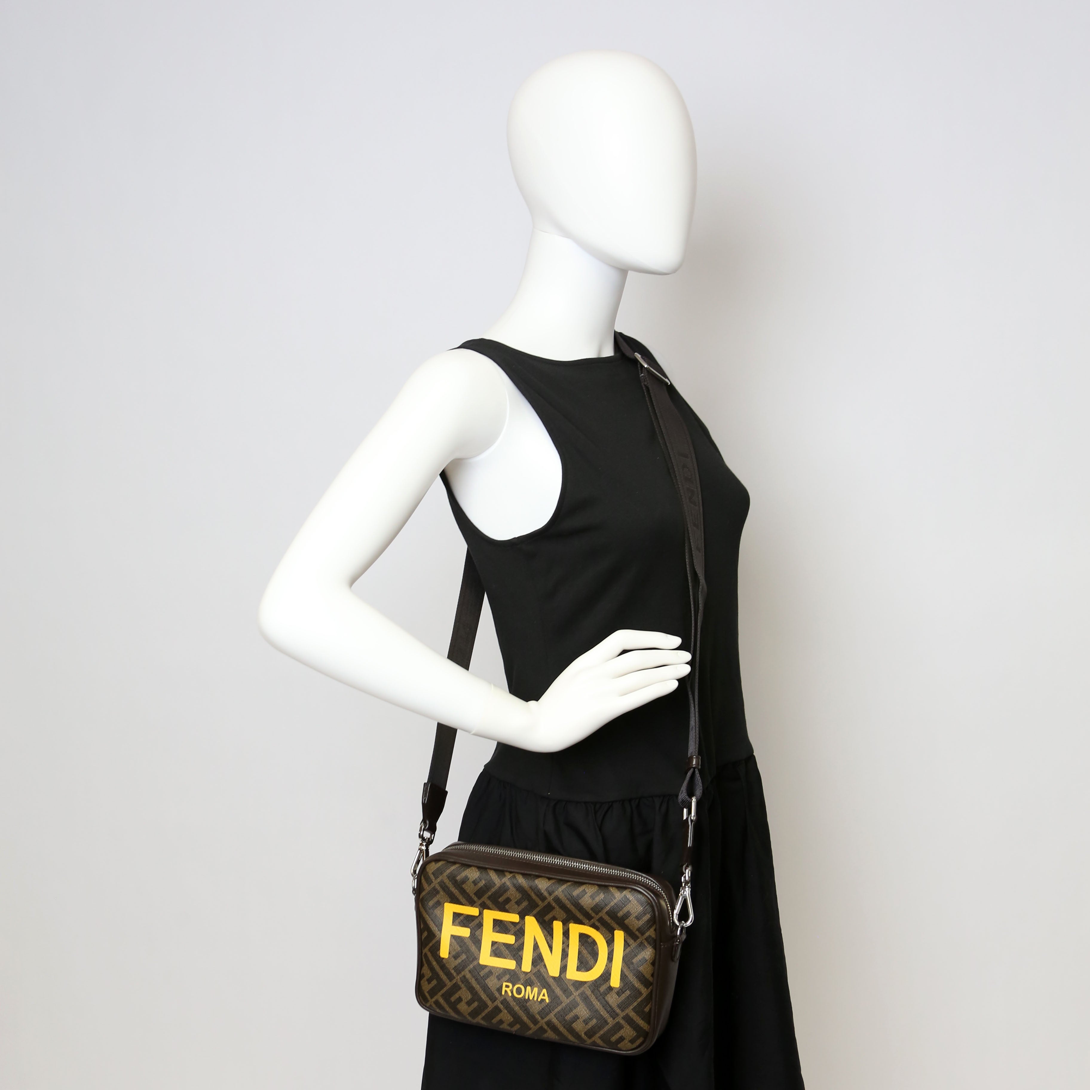 Fendi 7M0286 Zucca Roma Logo/Leather Camera Case Brown