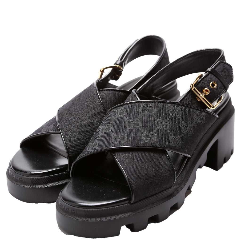 GG Canvas Lug Sole Crossover Sandals Size 39.5 Black
