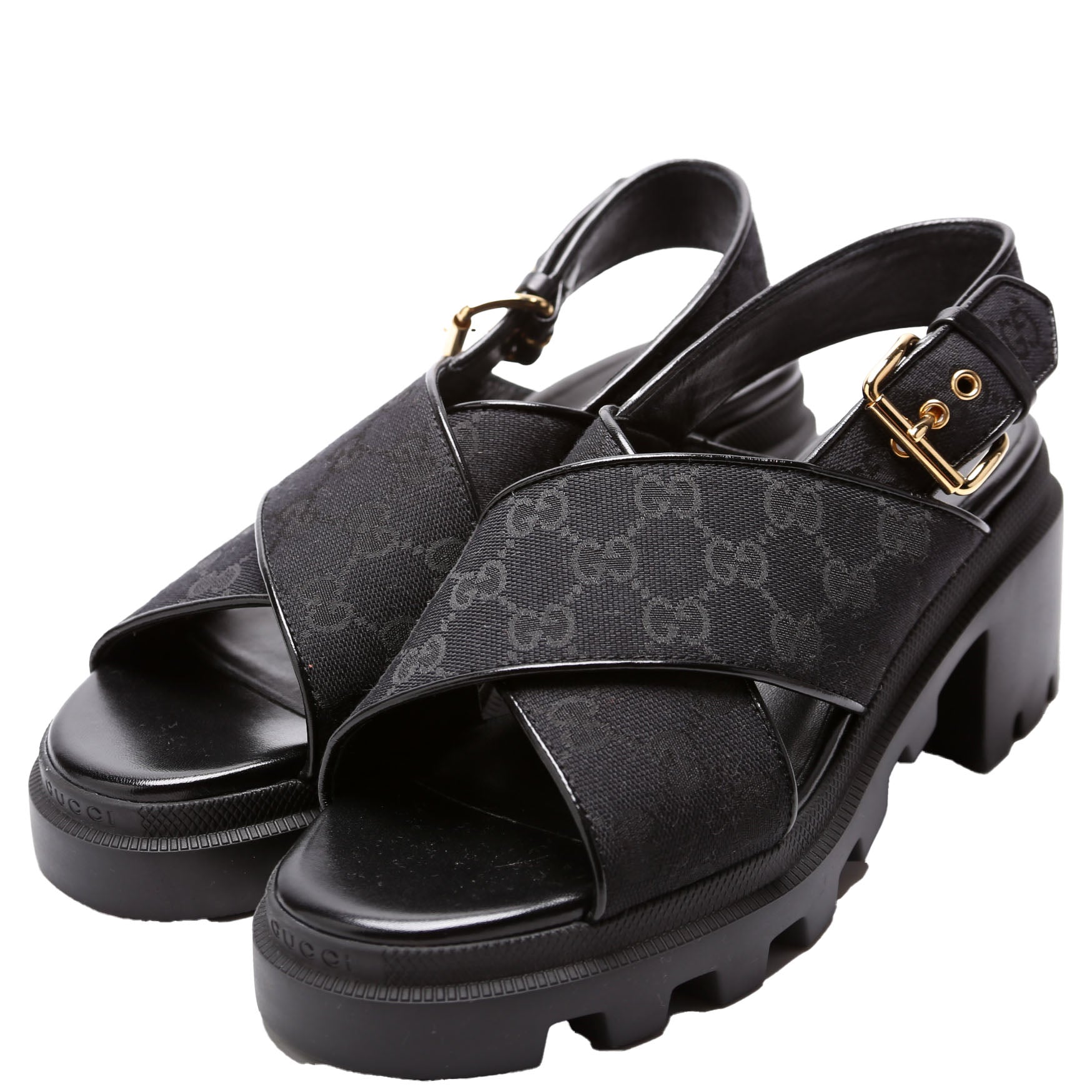 GG Canvas Lug Sole Crossover Sandals Size 39.5 Black