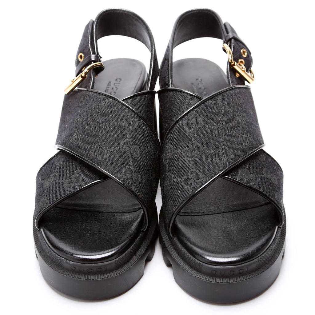 GG Canvas Lug Sole Crossover Sandals Size 39.5 Black