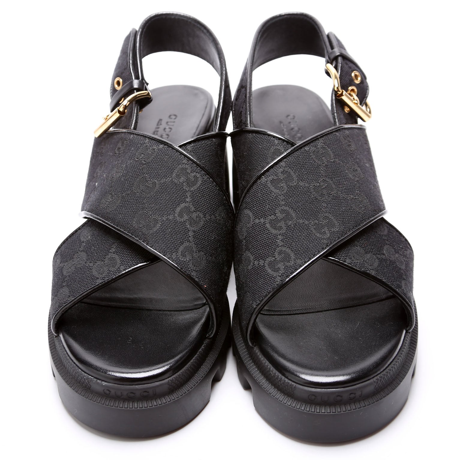 GG Canvas Lug Sole Crossover Sandals Size 39.5 Black