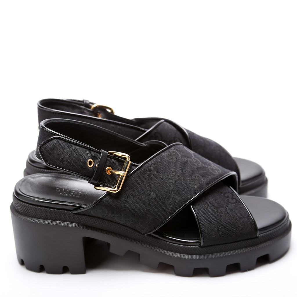GG Canvas Lug Sole Crossover Sandals Size 39.5 Black