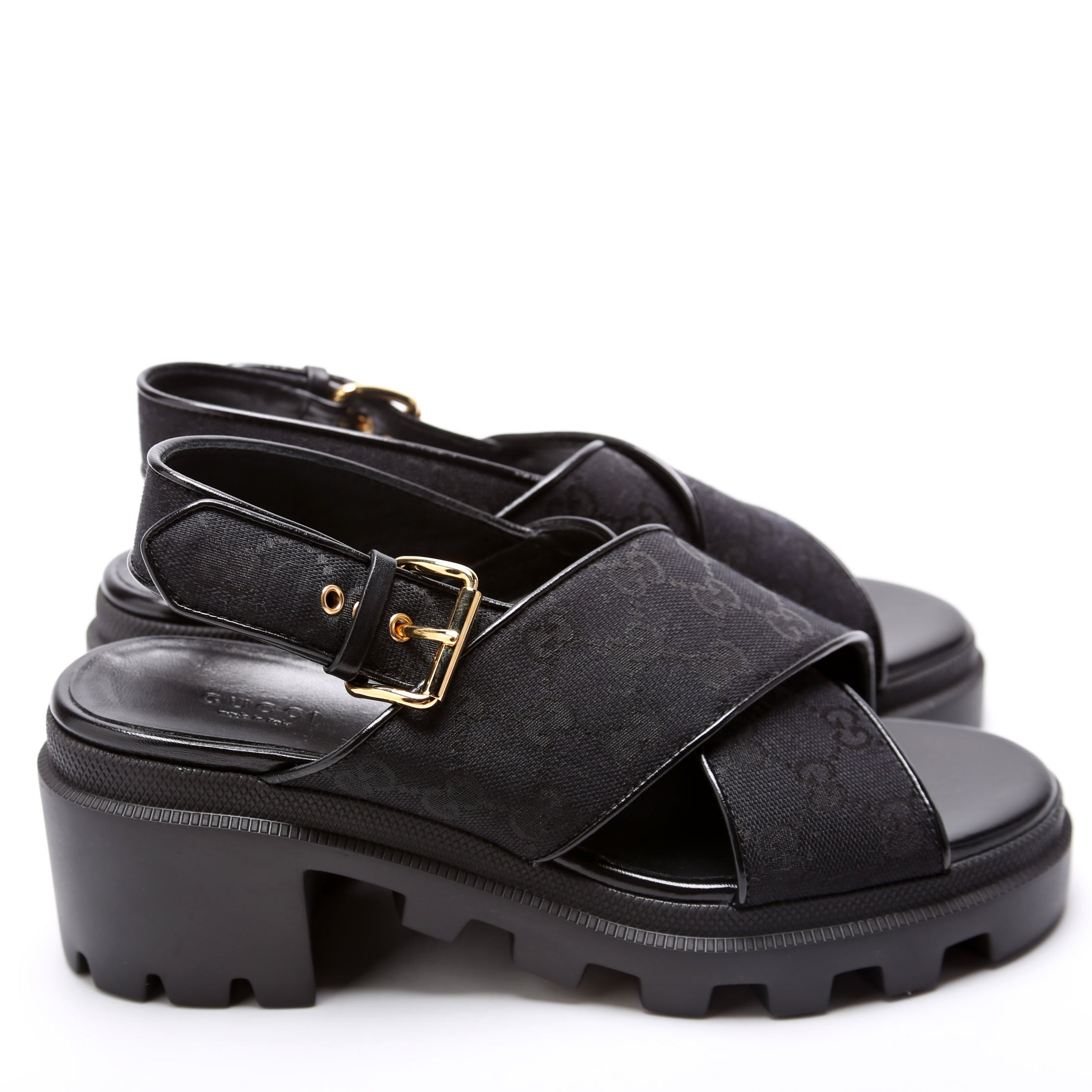 GG Canvas Lug Sole Crossover Sandals Size 39.5 Black
