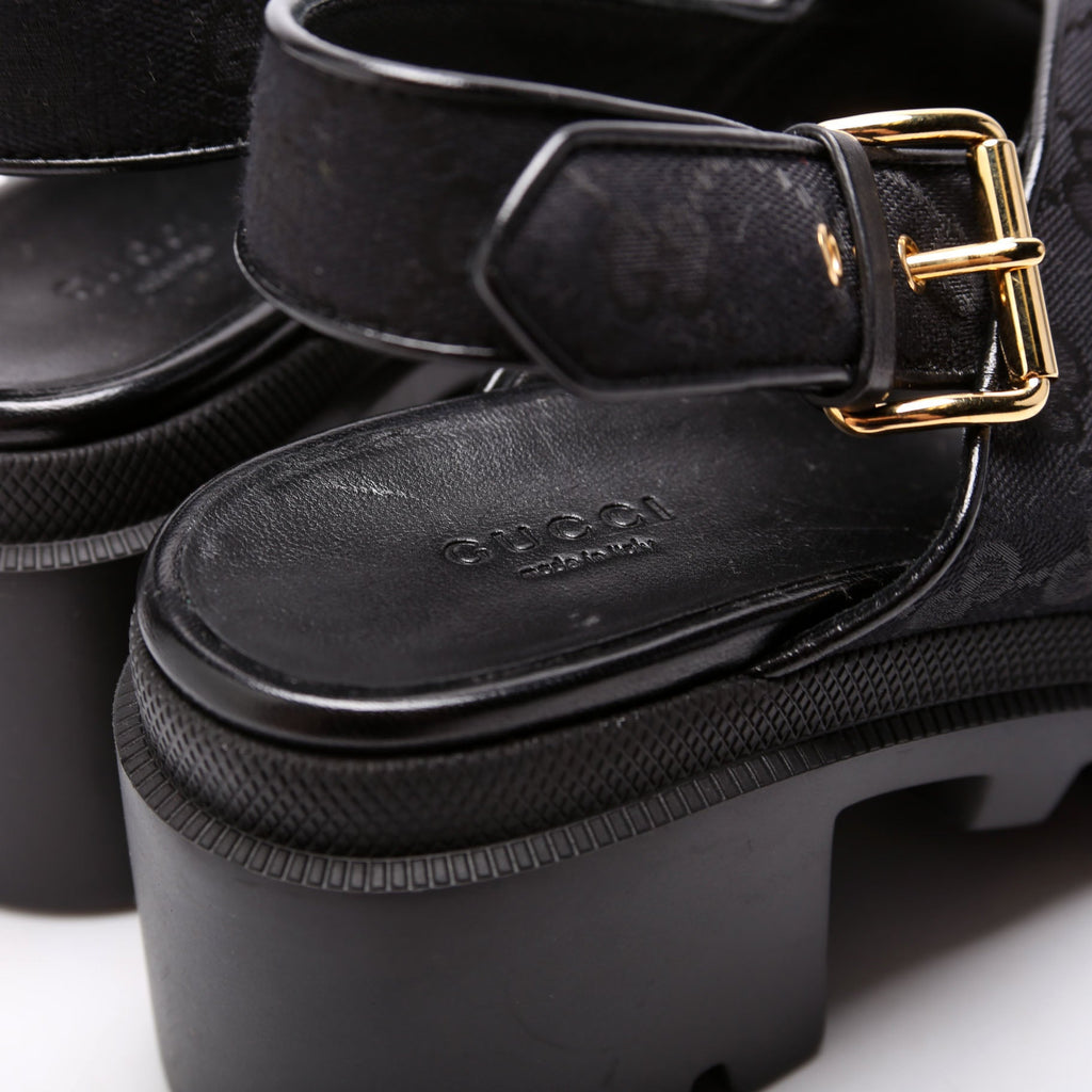GG Canvas Lug Sole Crossover Sandals Size 39.5 Black