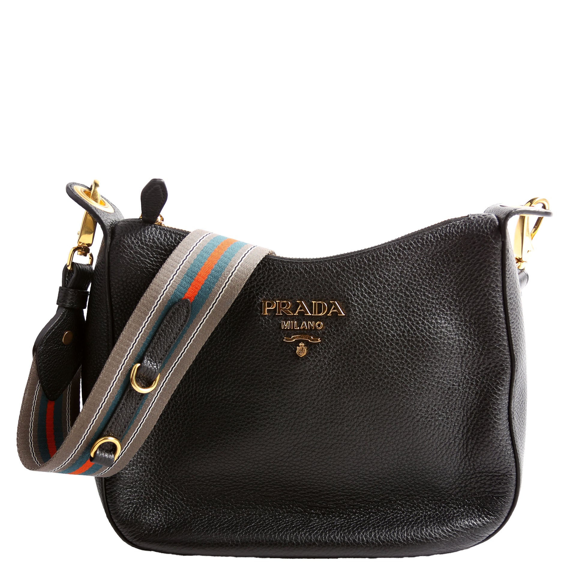 1BC166 Vitello Phenix Small Zip Messenger Hobo Black