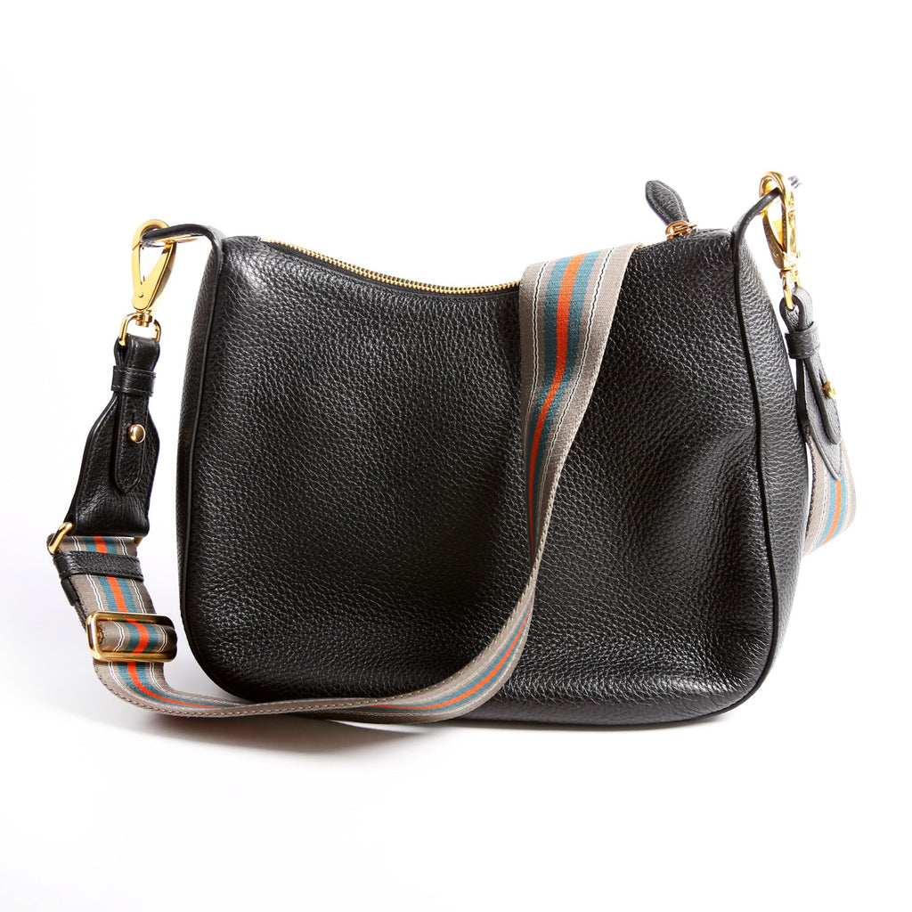 1BC166 Vitello Phenix Small Zip Messenger Hobo Black