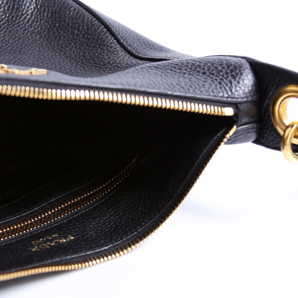 1BC166 Vitello Phenix Small Zip Messenger Hobo Black