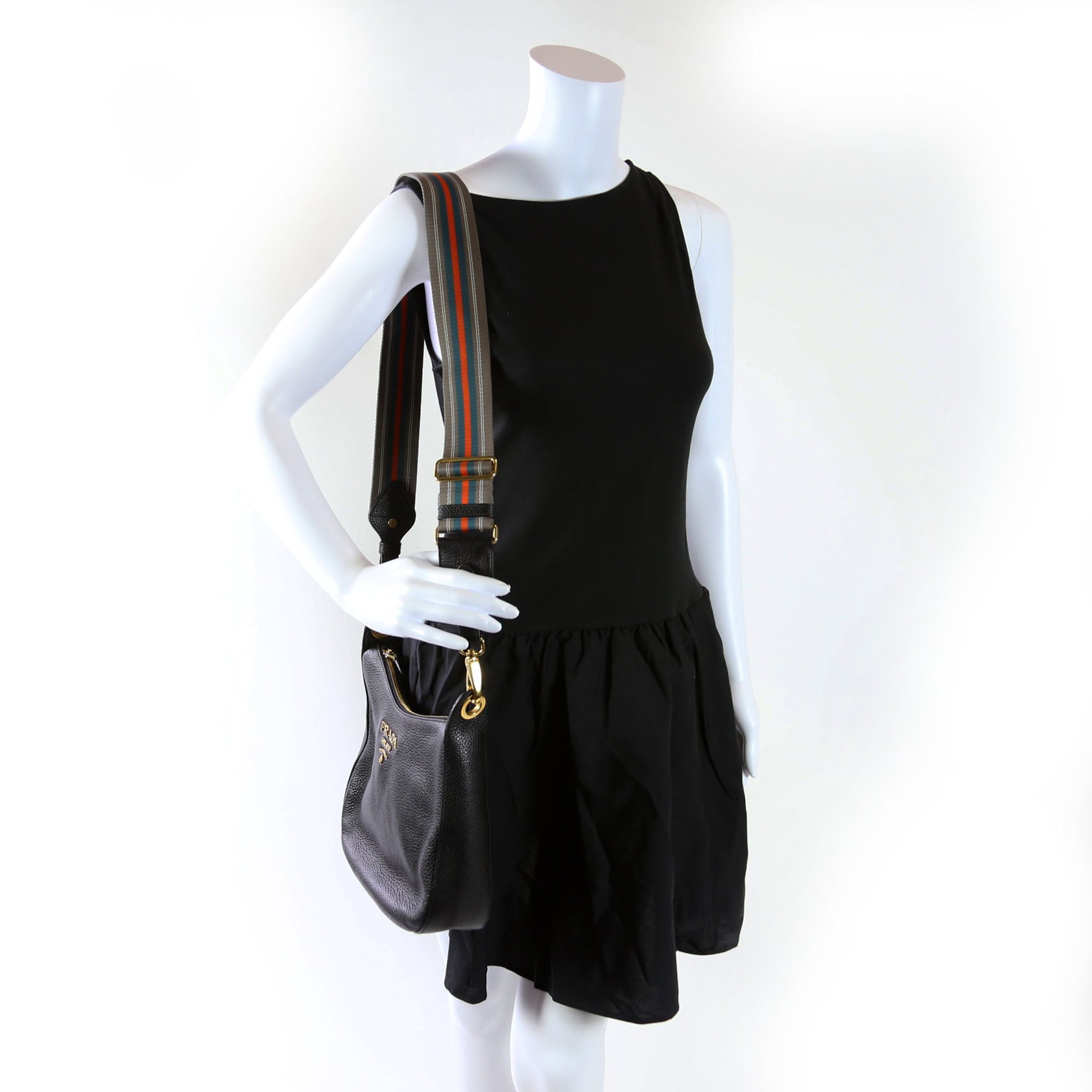 1BC166 Vitello Phenix Small Zip Messenger Hobo Black