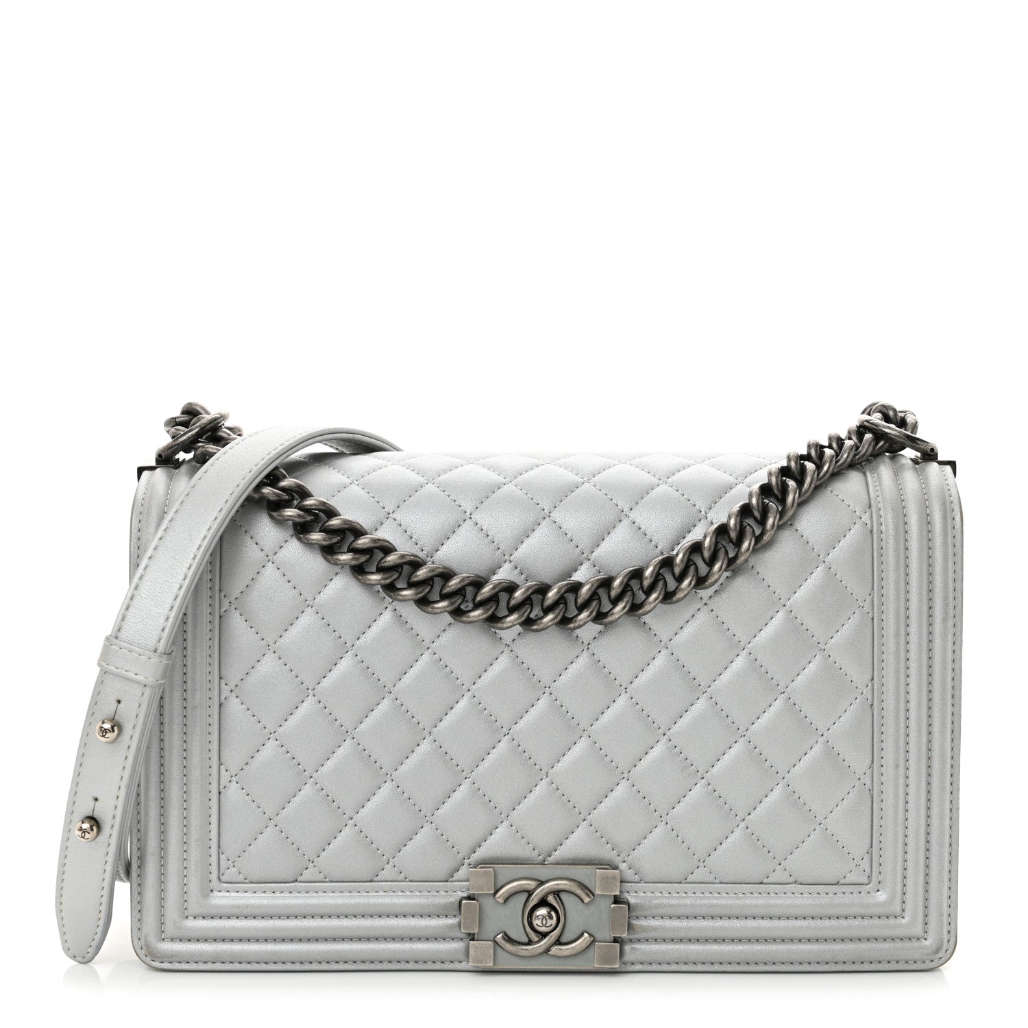 Chanel Metallic Calfskin Quilted New Medium Plexiglass Boy Flap Silver