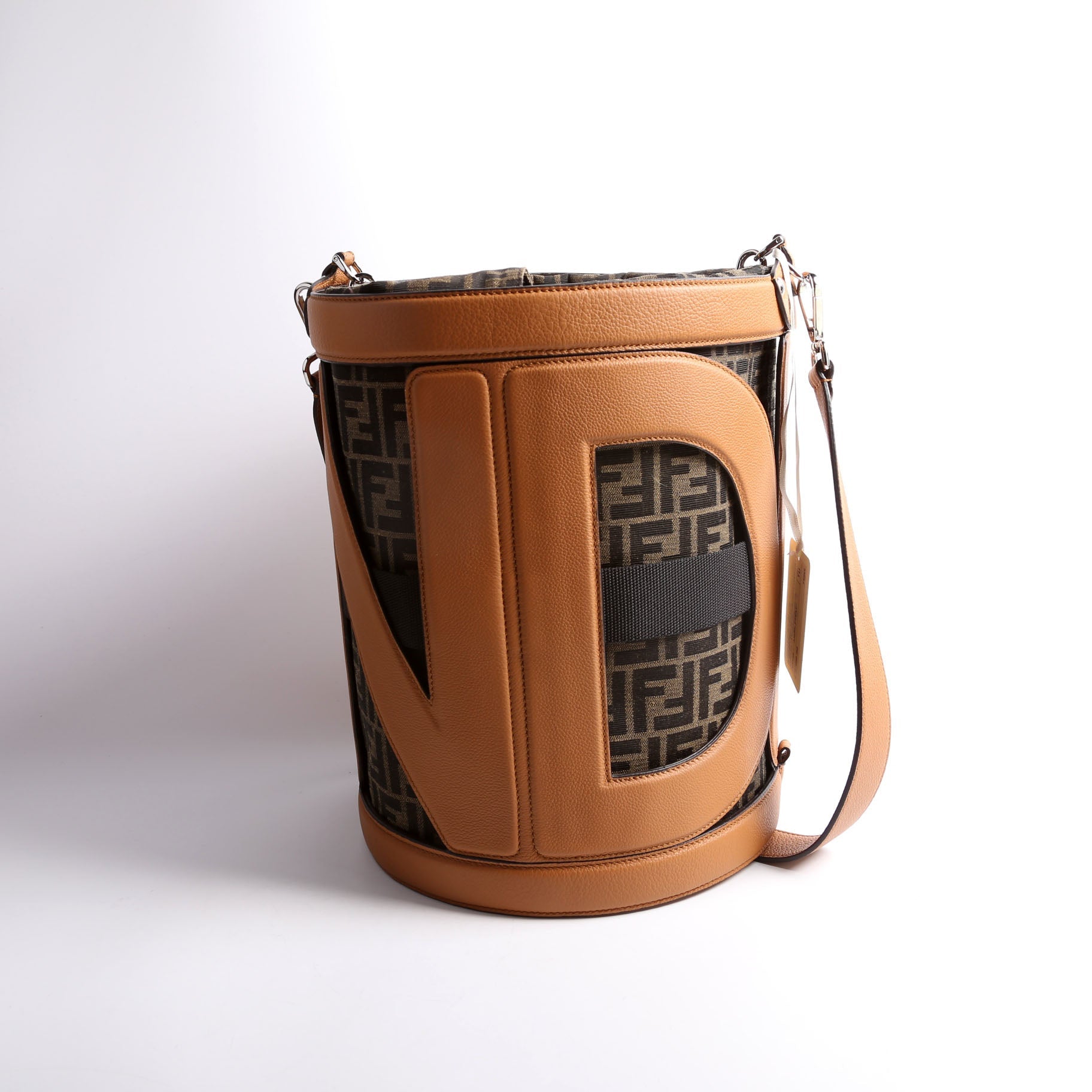 7VA589 FF Zucca/Calfskin Step Out Bucket Bag Brown