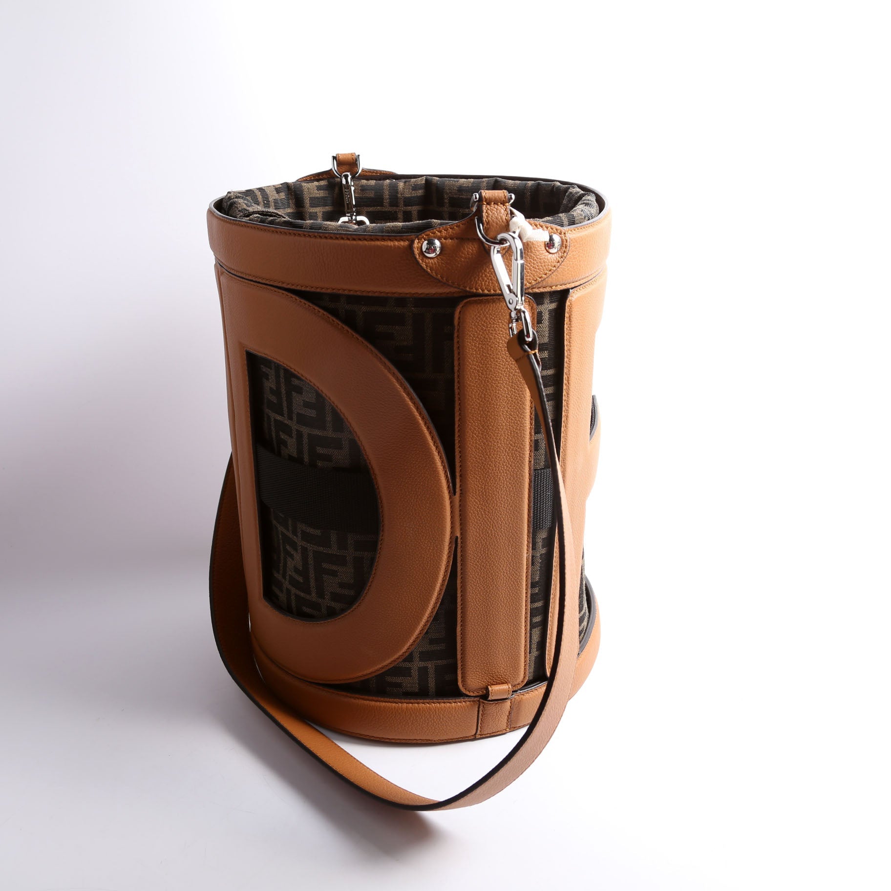 7VA589 FF Zucca/Calfskin Step Out Bucket Bag Brown
