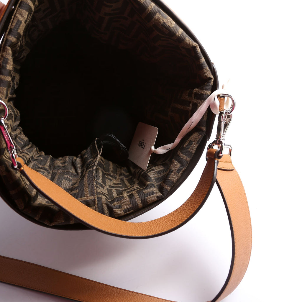 7VA589 FF Zucca/Calfskin Step Out Bucket Bag Brown
