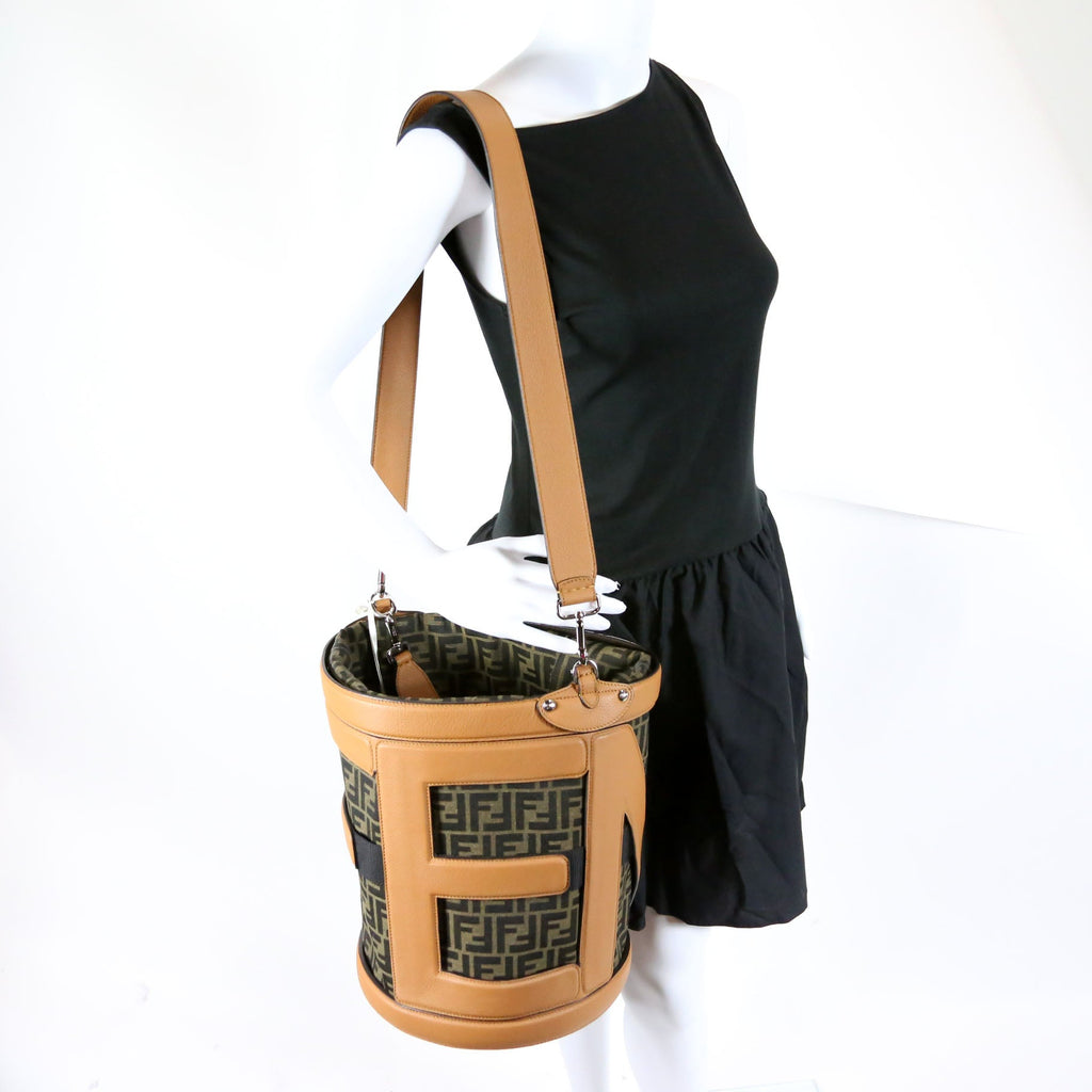 7VA589 FF Zucca/Calfskin Step Out Bucket Bag Brown