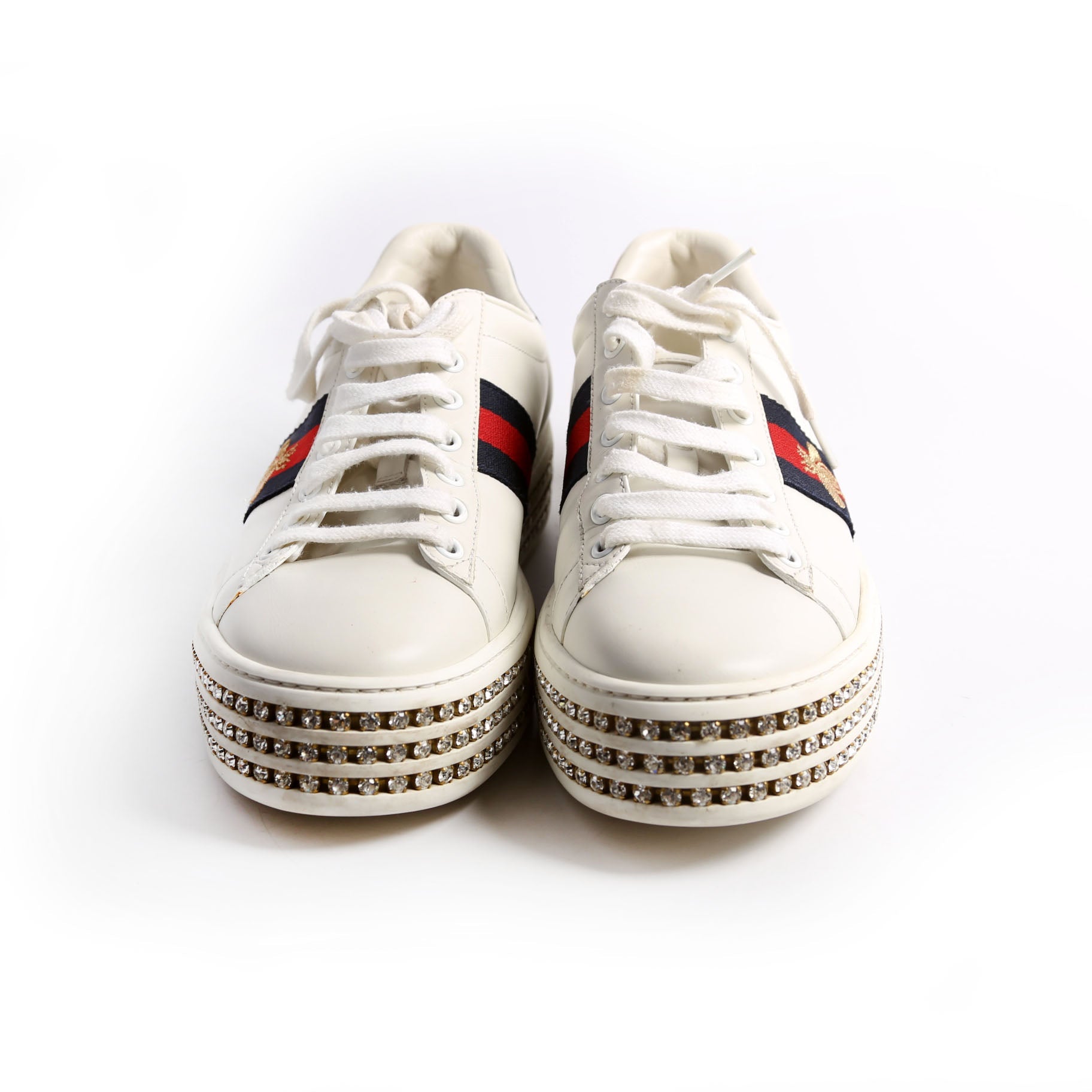 Ace Web Bee Crystal Platform Sneakers Size 38.5 White/Navy