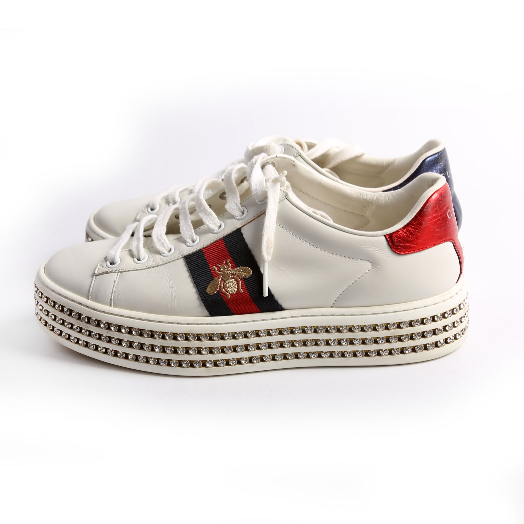 Ace Web Bee Crystal Platform Sneakers Size 38.5 White/Navy
