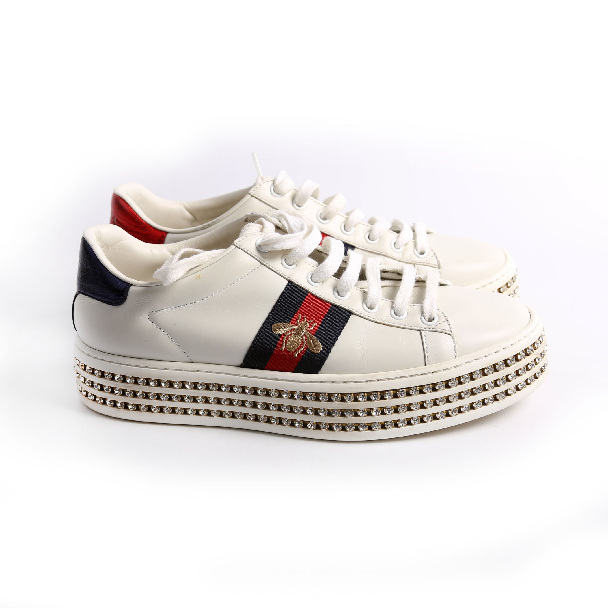 Ace Web Bee Crystal Platform Sneakers Size 38.5 White/Navy