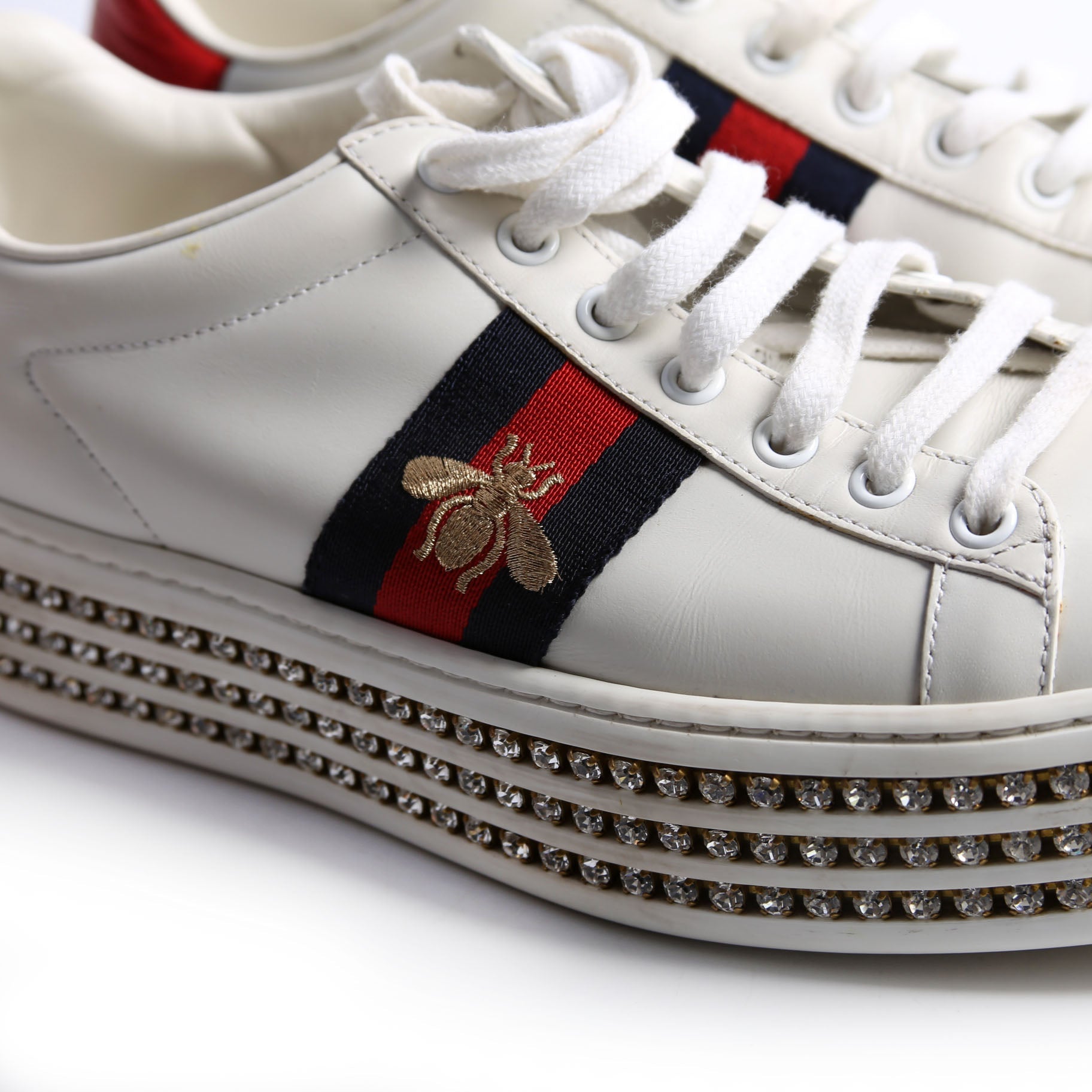 Ace Web Bee Crystal Platform Sneakers Size 38.5 White/Navy