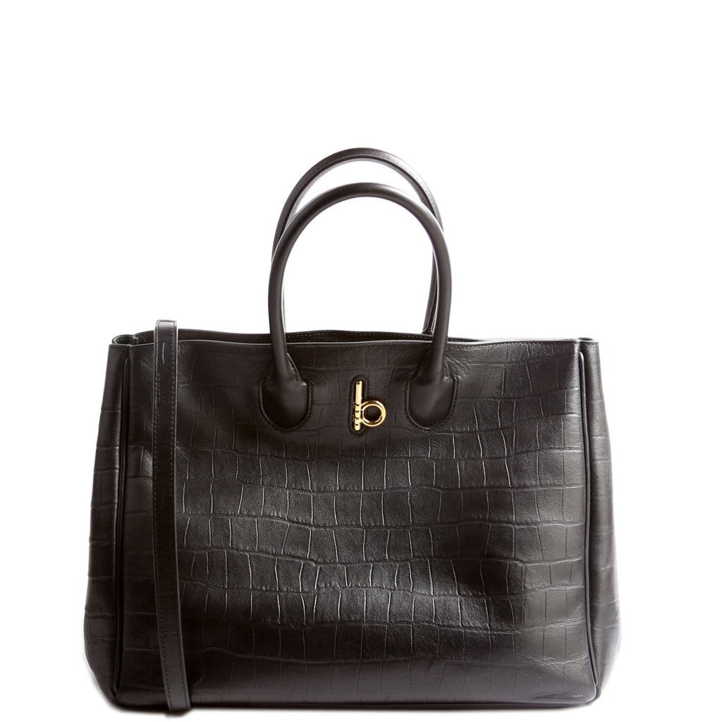 Rocking Horse Tote Crocodile Embossed Medium Black