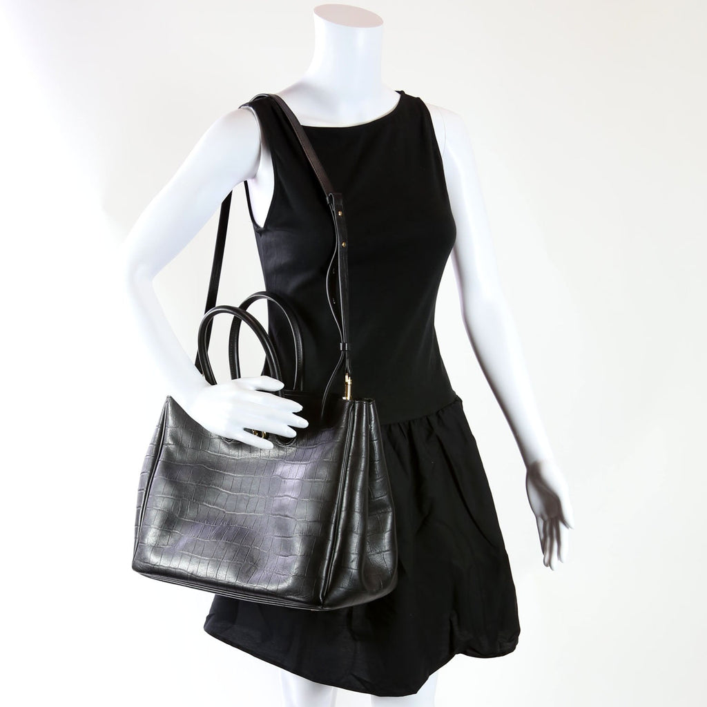 Rocking Horse Tote Crocodile Embossed Medium Black