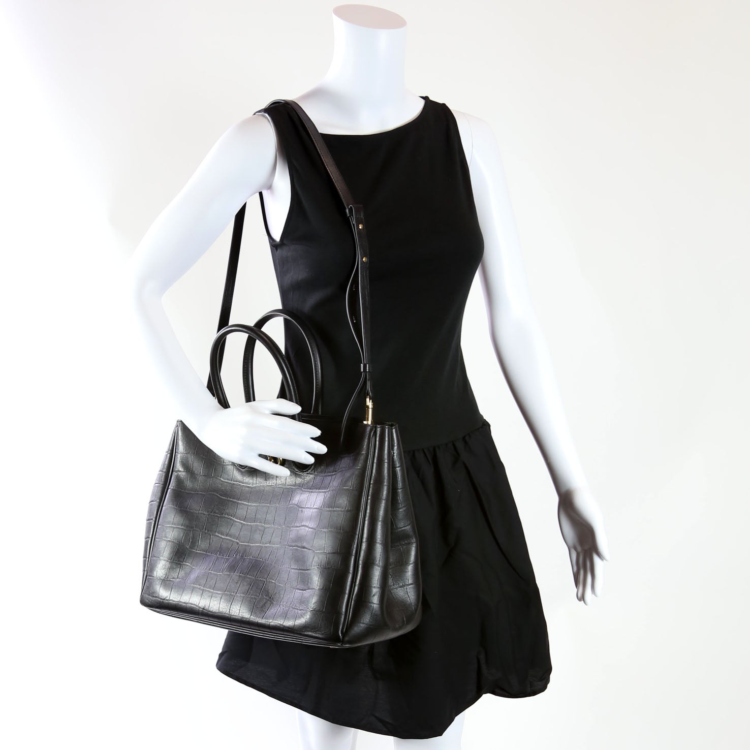 Rocking Horse Tote Crocodile Embossed Medium Black