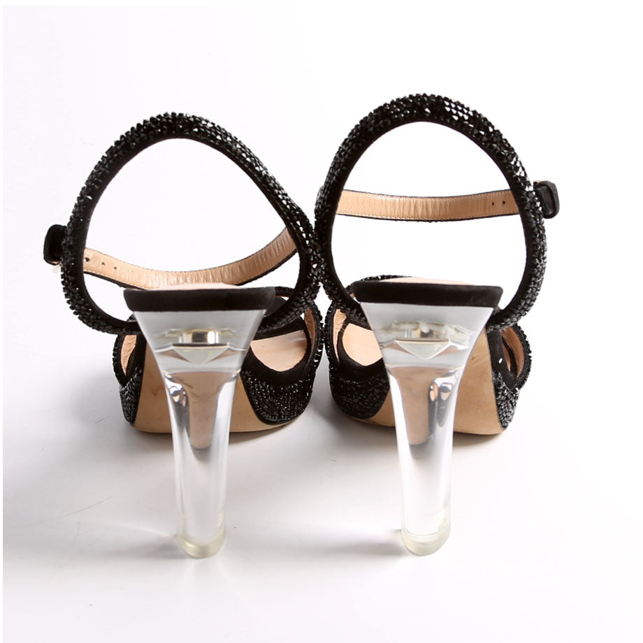 Crystal Embossed Sandal Heels Size 37 Black