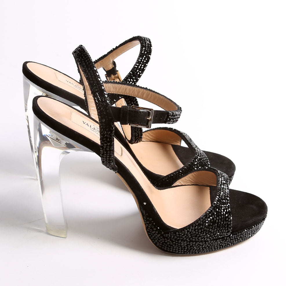 Crystal Embossed Sandal Heels Size 37 Black