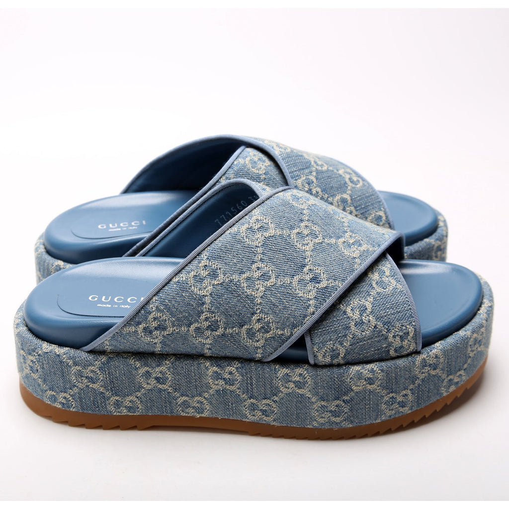 GG Denim CrissCross Platform Sandal Size 38