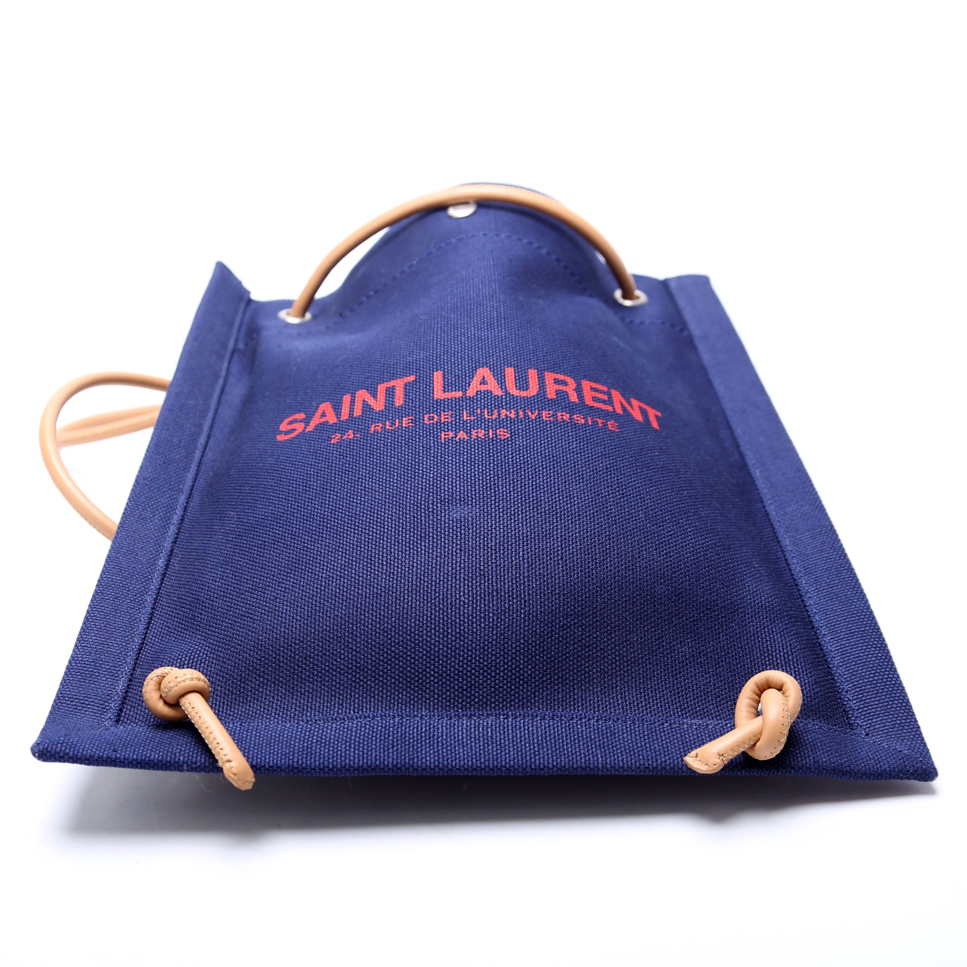 SAINT LAURENT Rive Gauche Backpack Linen Calfskin Blue/Red