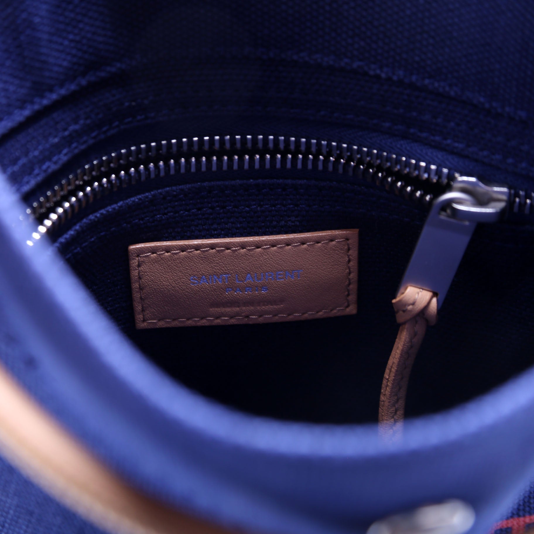 SAINT LAURENT Rive Gauche Backpack Linen Calfskin Blue/Red