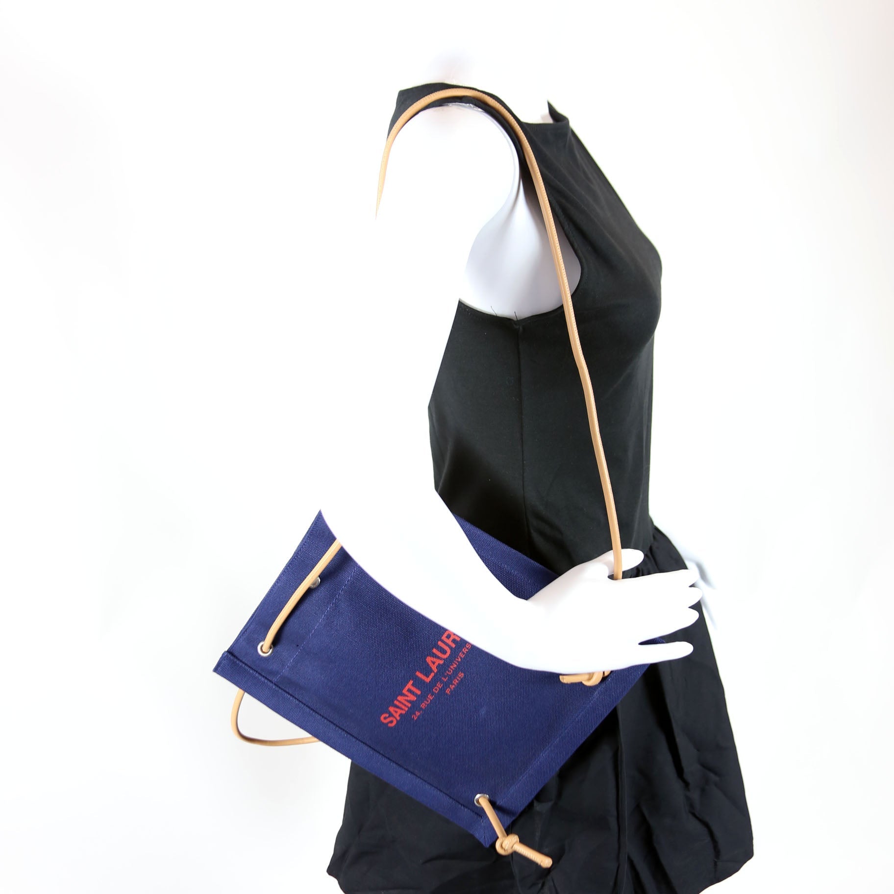 SAINT LAURENT Rive Gauche Backpack Linen Calfskin Blue/Red