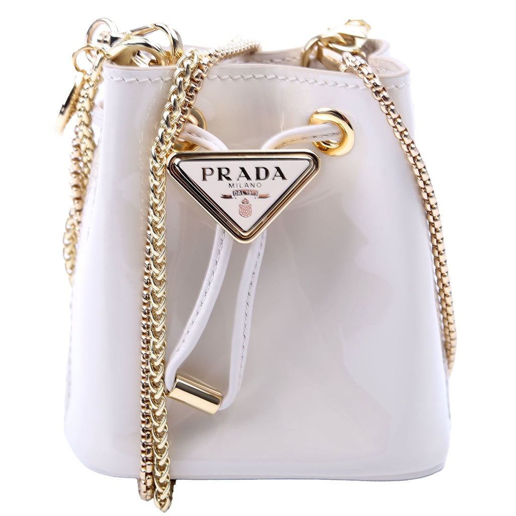 Prada Mini Drawcord Triangle Logo Vernice Shoulder Bag White