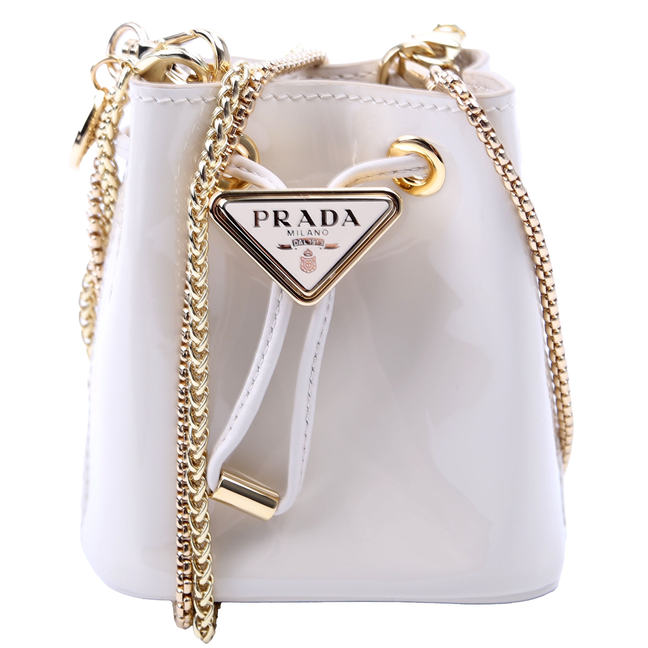 Prada Mini Drawcord Triangle Logo Vernice Shoulder Bag White