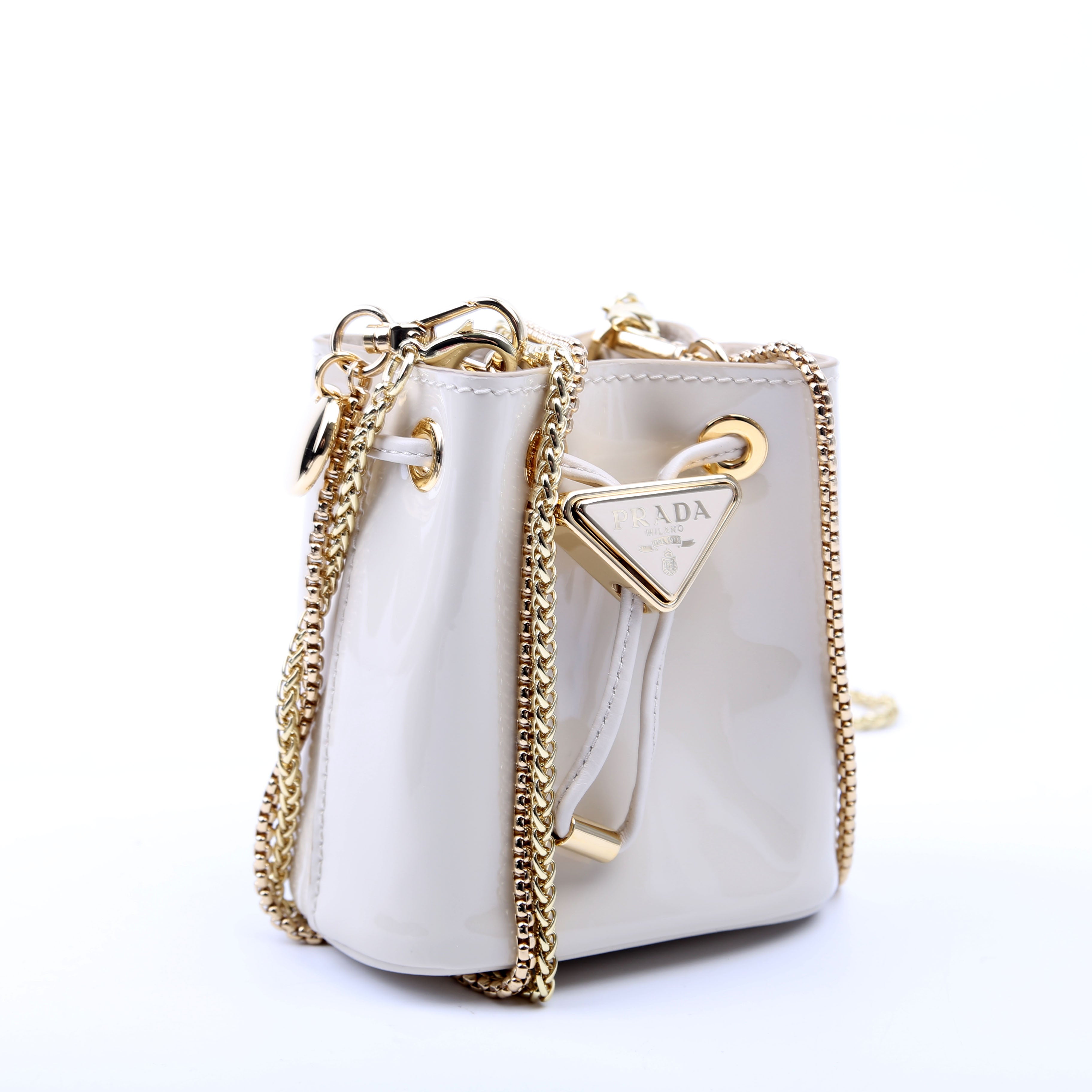 Prada Mini Drawcord Triangle Logo Vernice Shoulder Bag White
