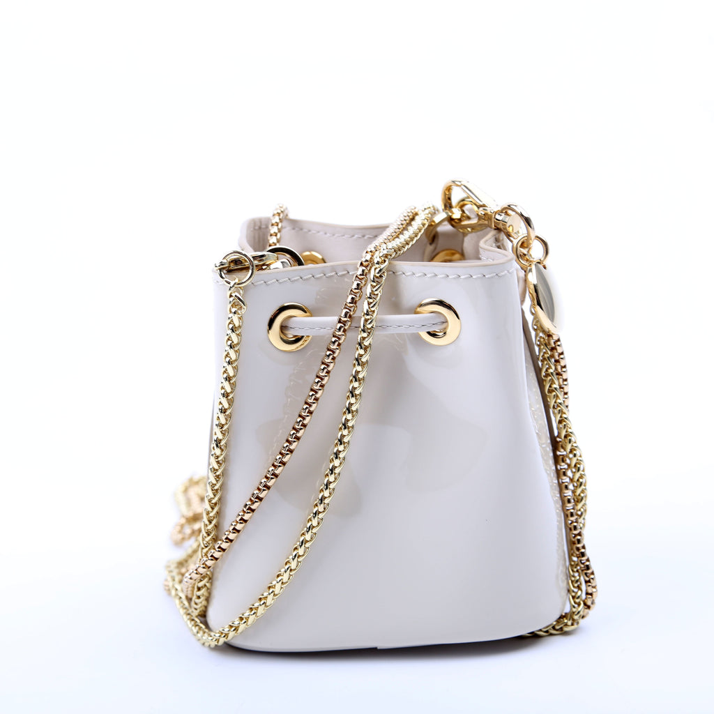 Prada Mini Drawcord Triangle Logo Vernice Shoulder Bag White