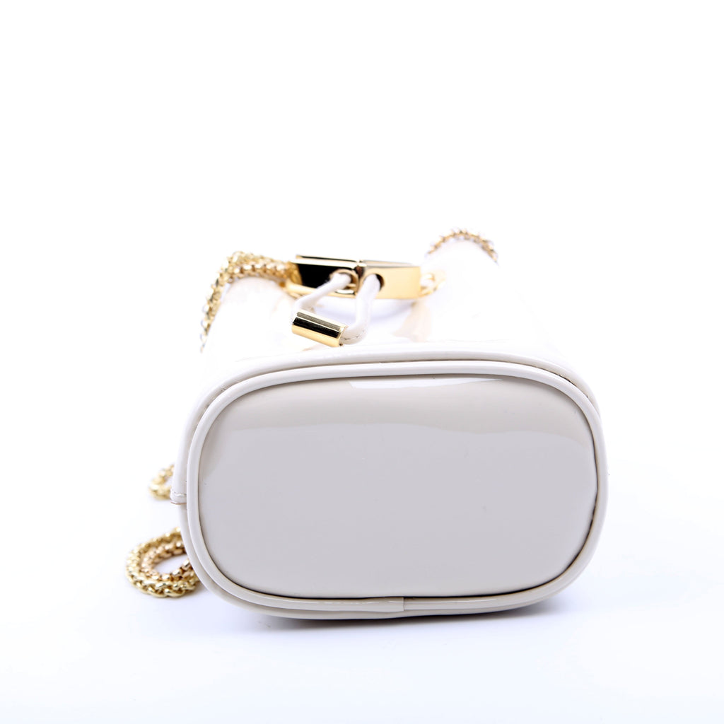 Prada Mini Drawcord Triangle Logo Vernice Shoulder Bag White