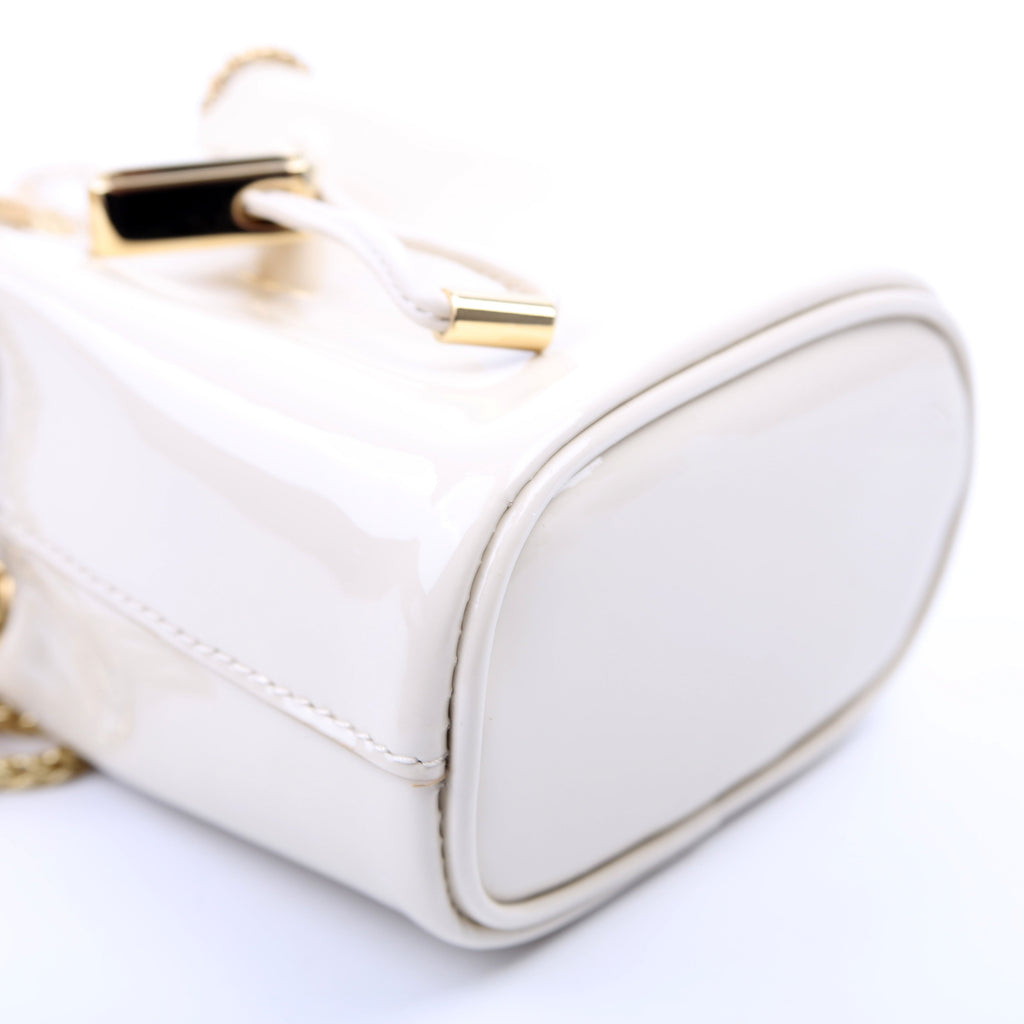 Prada Mini Drawcord Triangle Logo Vernice Shoulder Bag White