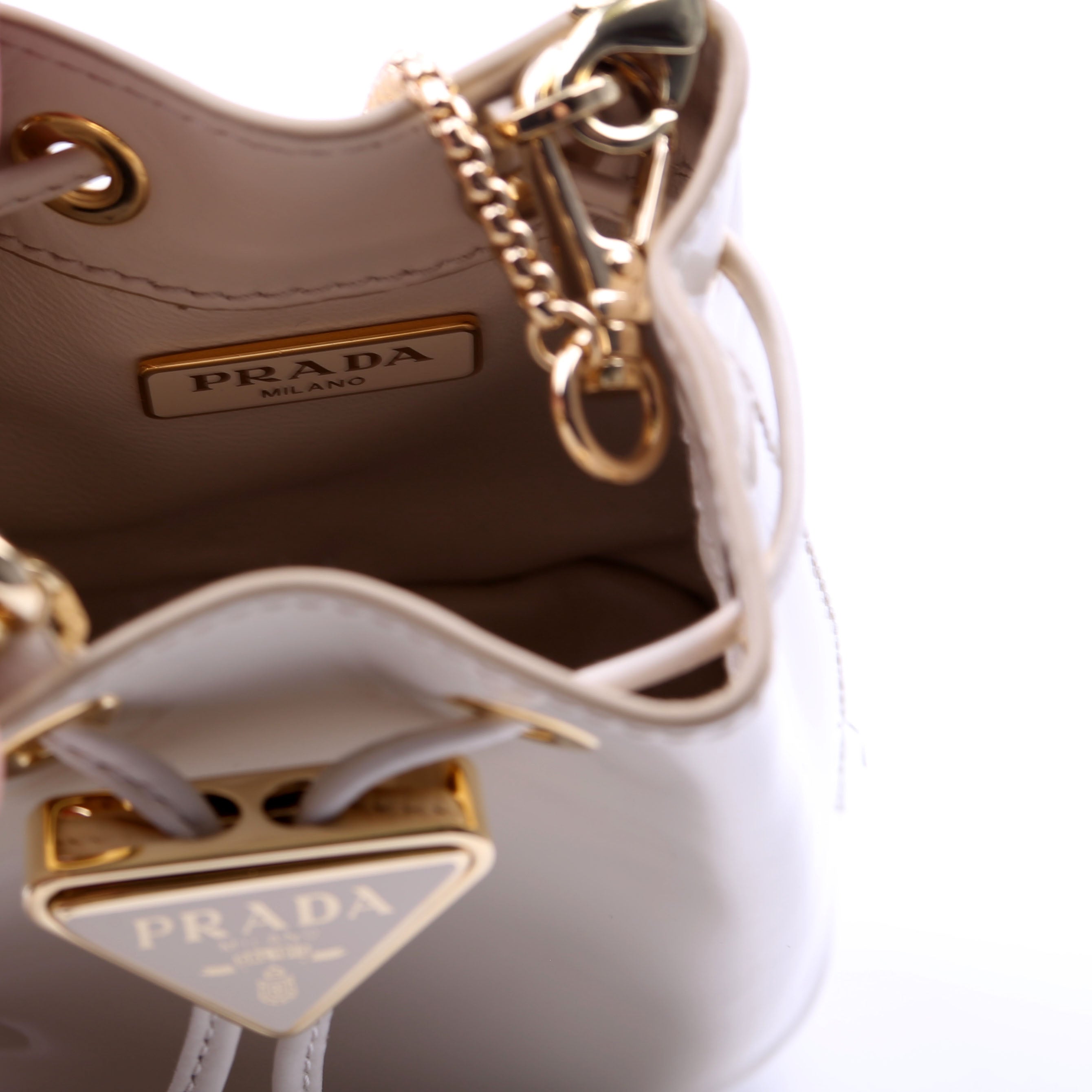 Prada Mini Drawcord Triangle Logo Vernice Shoulder Bag White