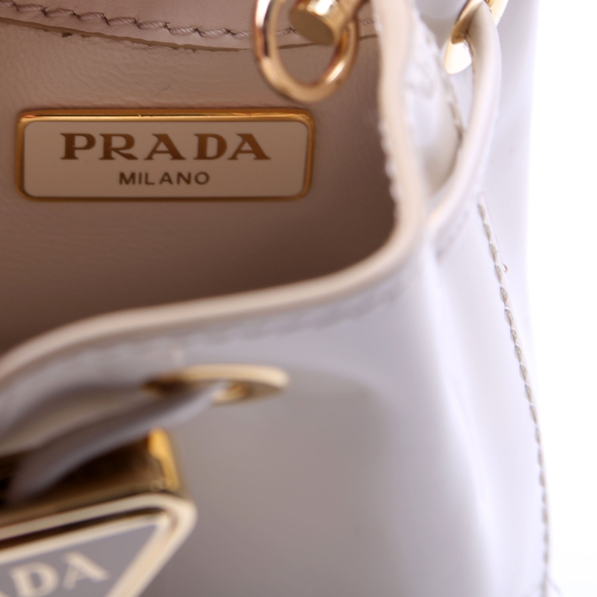 Prada Mini Drawcord Triangle Logo Vernice Shoulder Bag White