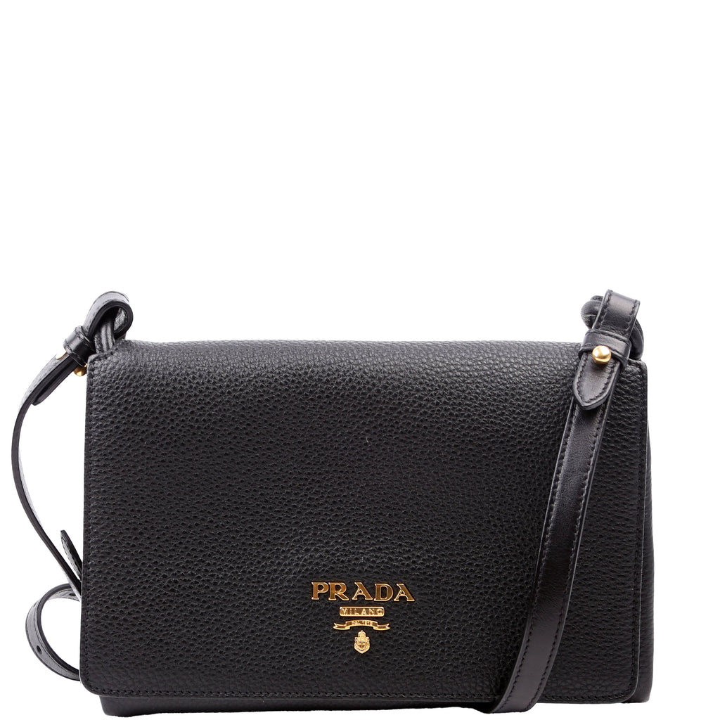 1BH031 Vitello Daino Leather Flap/Zip Crossbody Black
