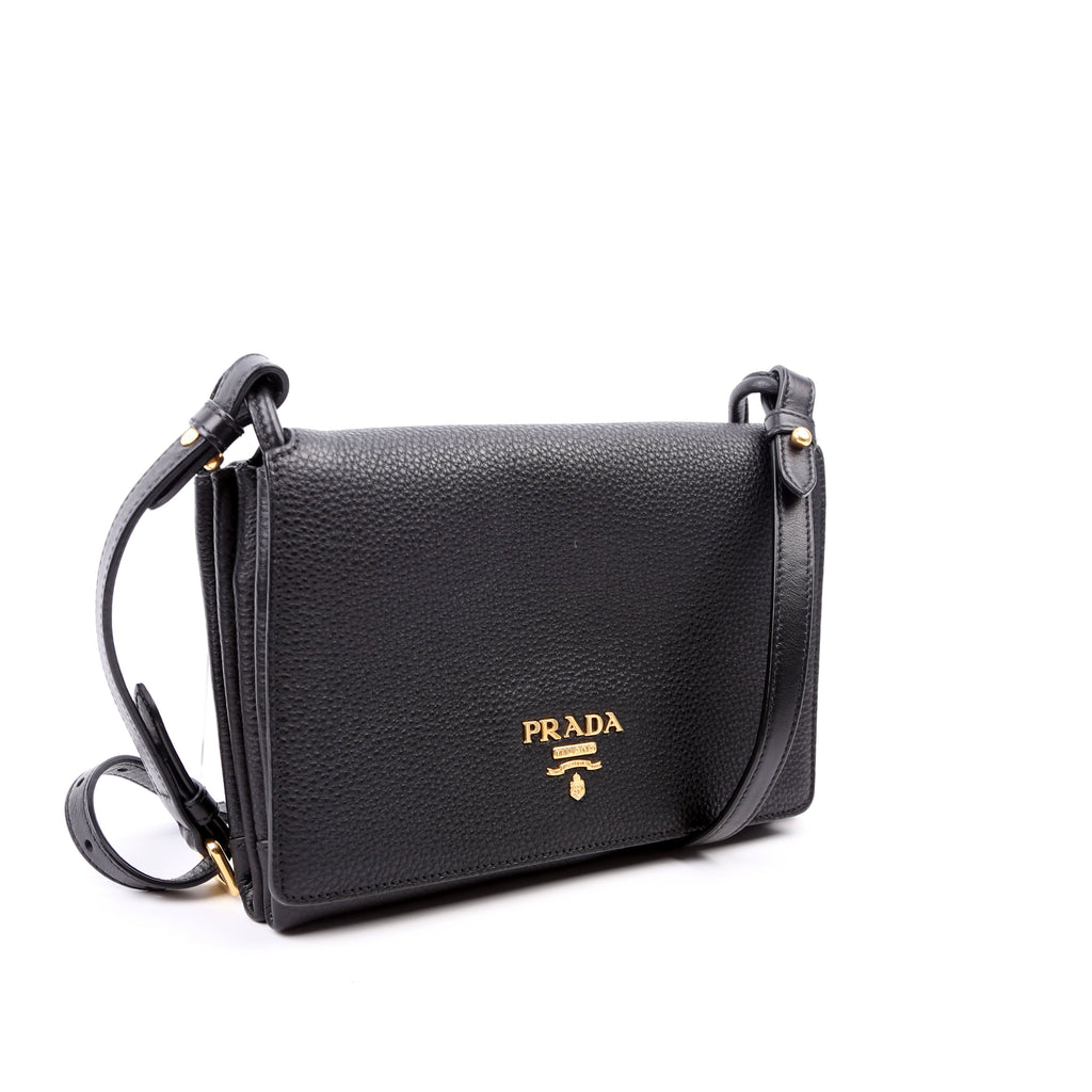 1BH031 Vitello Daino Leather Flap/Zip Crossbody Black
