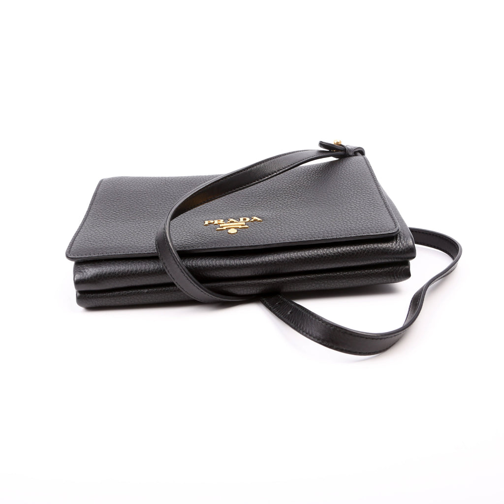 1BH031 Vitello Daino Leather Flap/Zip Crossbody Black