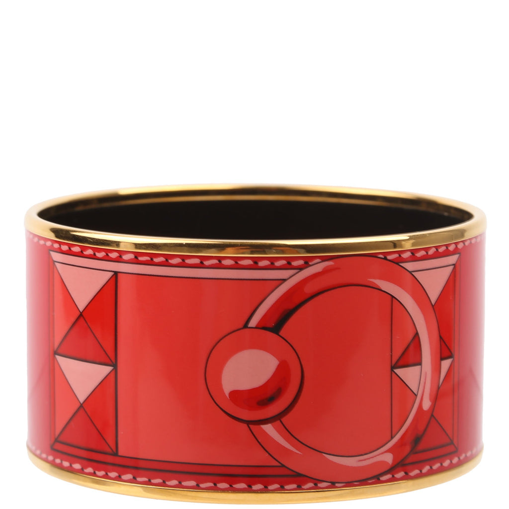 Hermes Printed Enamel Extra Wide Bangle Bracelet Gold/Red