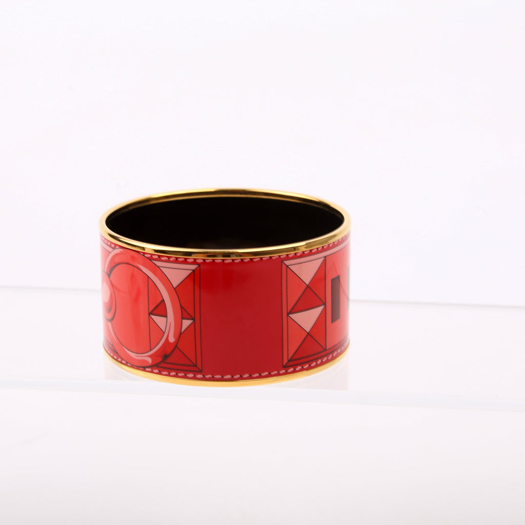 Hermes Printed Enamel Extra Wide Bangle Bracelet Gold/Red