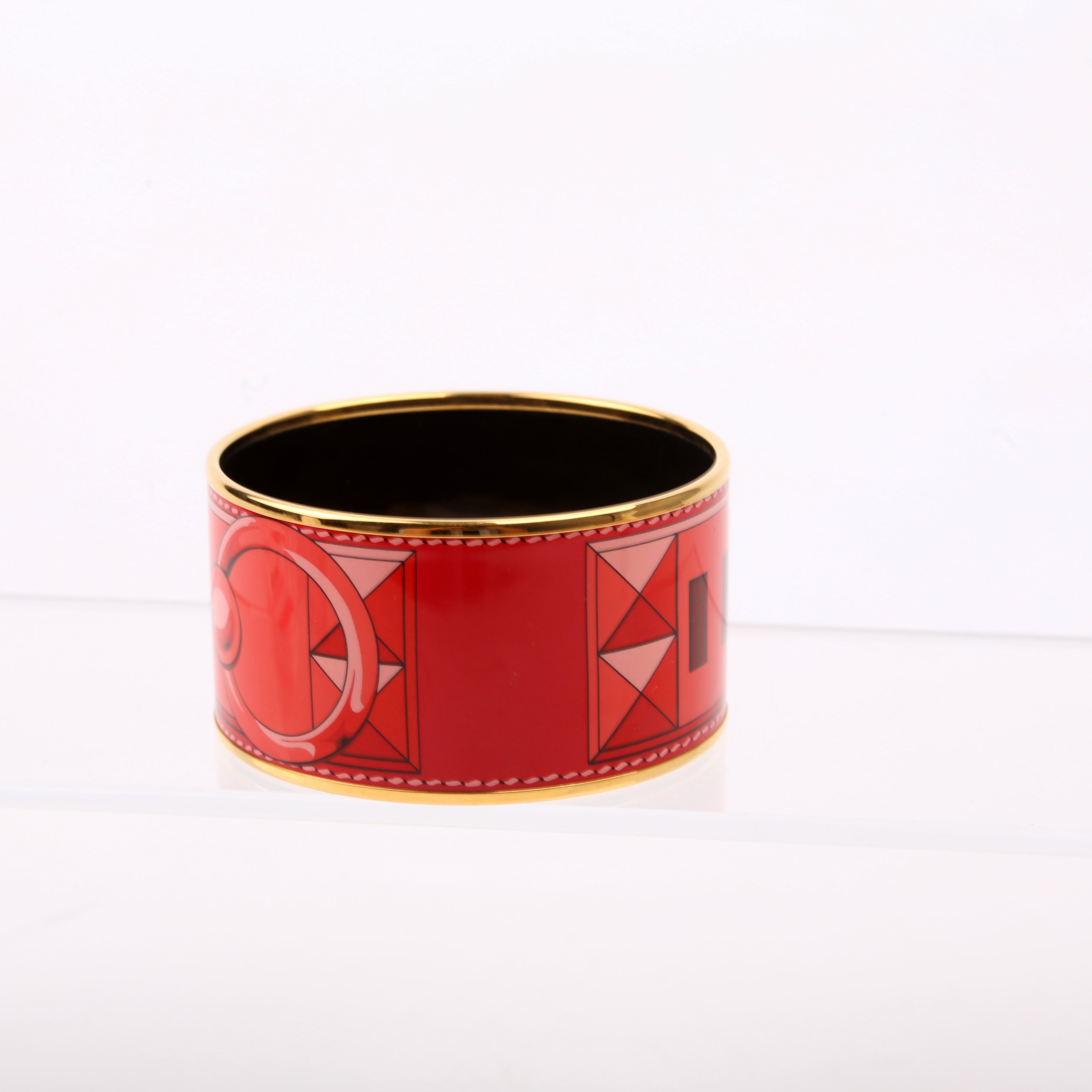 Hermes Printed Enamel Extra Wide Bangle Bracelet Gold/Red