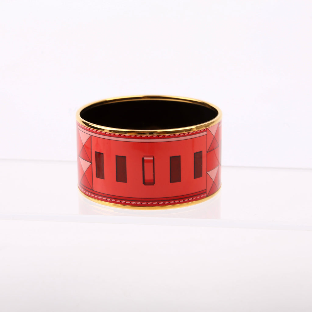 Hermes Printed Enamel Extra Wide Bangle Bracelet Gold/Red